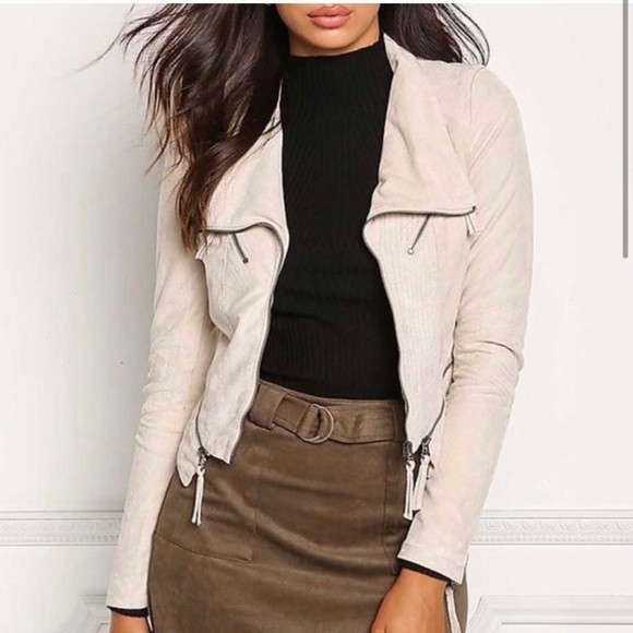 SOLEMIO Beige Vegan Suede Moto Jacket Size Large - Picture 1 of 16